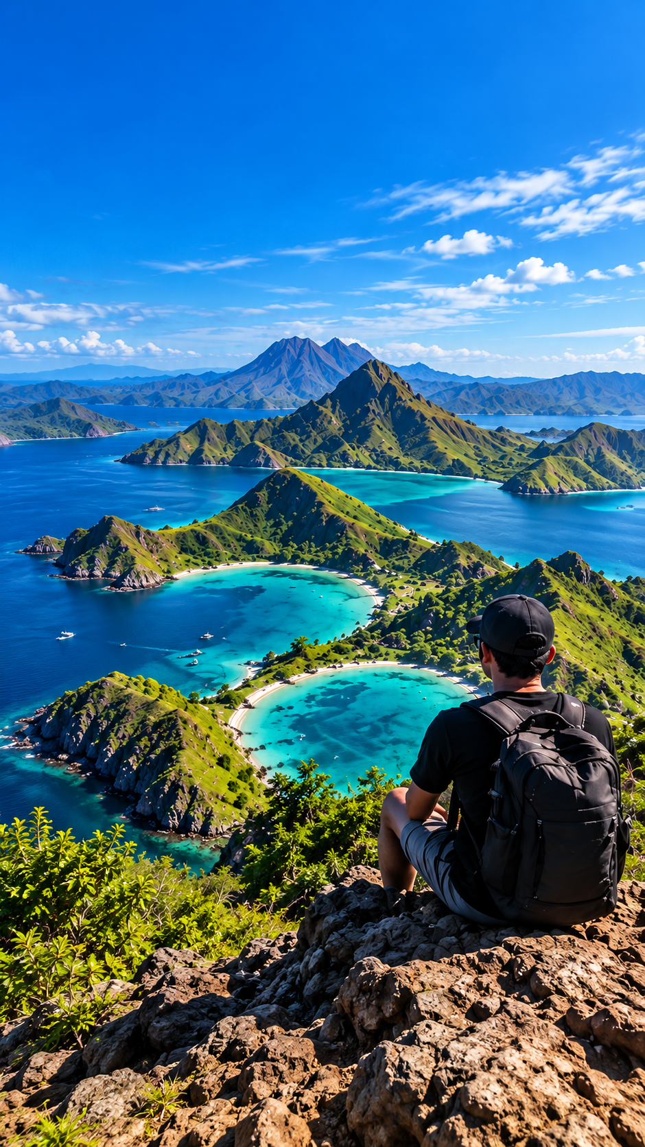 Panorama pulau dan teluk Indonesia dengan seorang traveler menghadap pemandangan